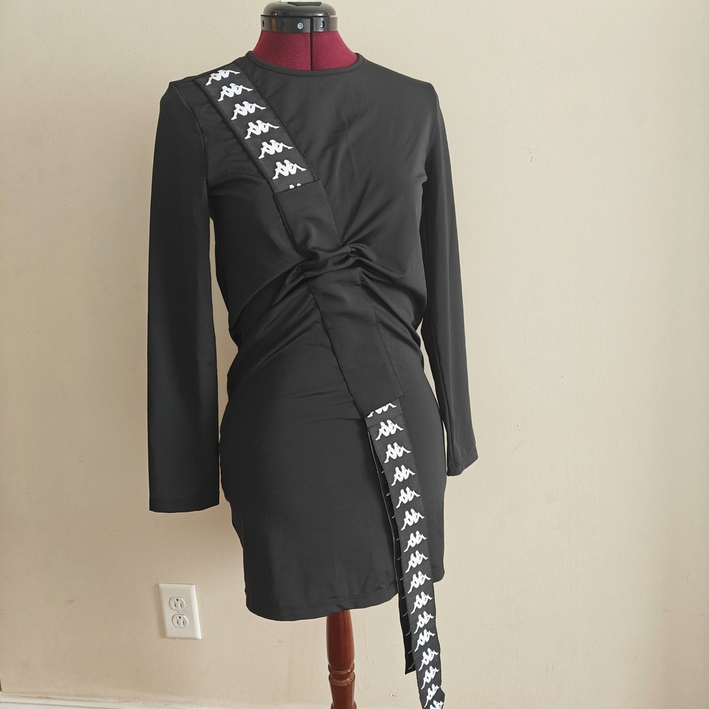 Kappa Womens Black Tape Bodycon Mini Dress Long Sleeve Ruched Logo XS Streetwear